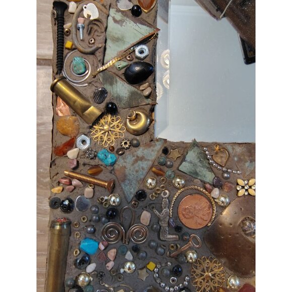 Mixed Media Steampink Mirror Wall Art, Coins, Beads, Pottery Copper Nailed Trim - Picture 8 of 10